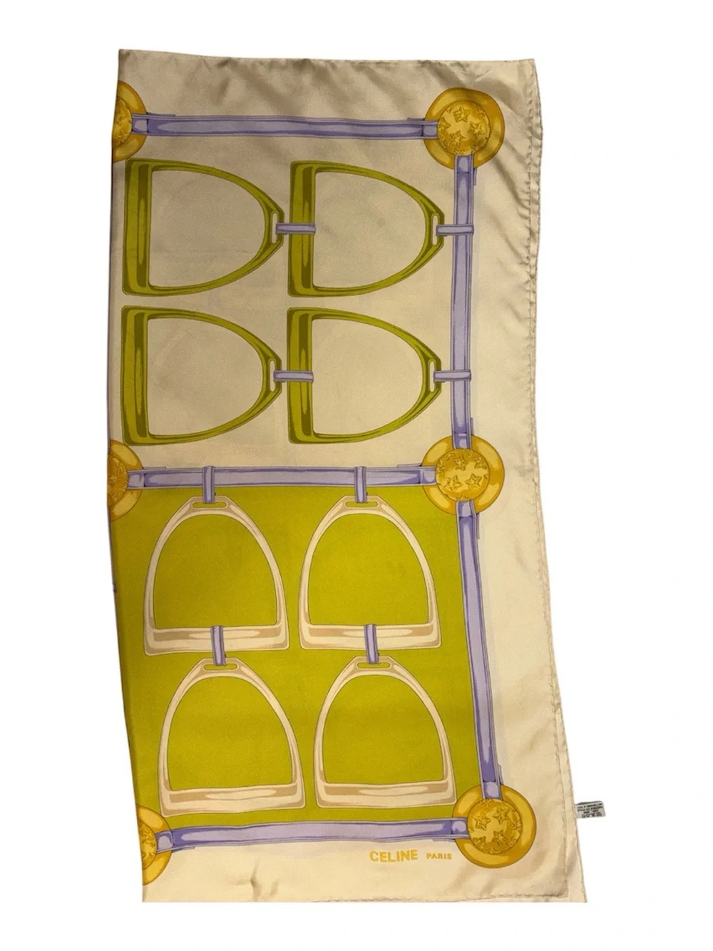 Celine Silk Scarf in Cream, Green & Purple with Gold Motif